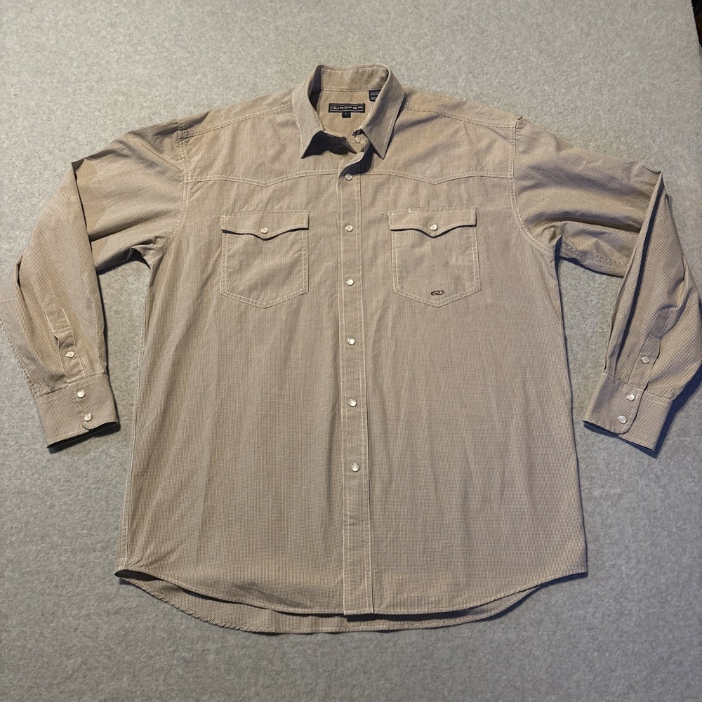 Roper Long Sleeve Snap Button Up Men's Sz L Brown Micro Squares Western Cowboy